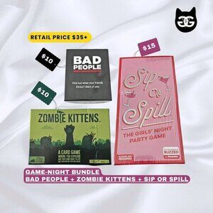 Game Night bundle - Sip or Spill + Exploding Kittens Zombie Kittens + Bad People